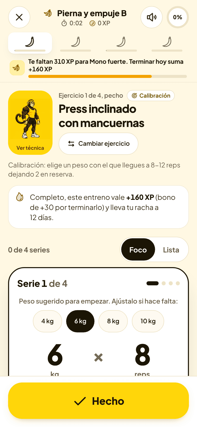 Pantalla de entrenamiento con el peso y las repeticiones de cada serie
