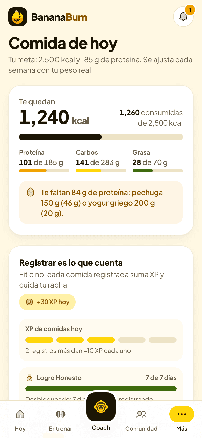 Pantalla de comida con calorías y proteína restantes del día